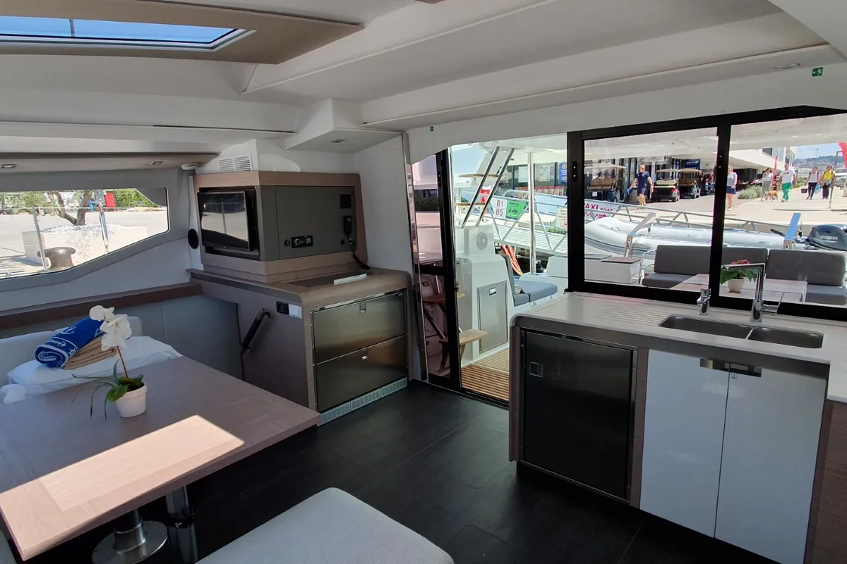 Salon of Summer Flow, a Fountaine Pajot Elba 45 catamaran at Seget Donji, Croatia