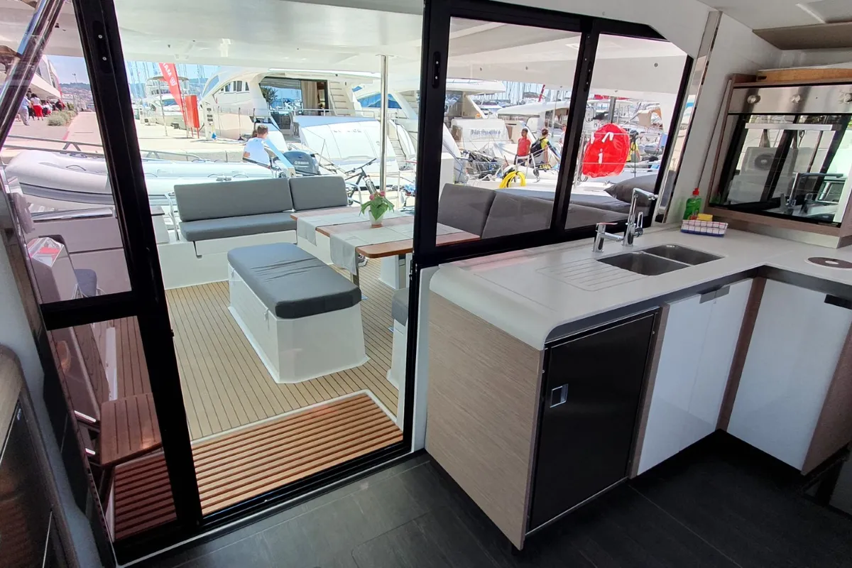 Salon of Summer Flow, a Fountaine Pajot Elba 45 catamaran at Seget Donji, Croatia