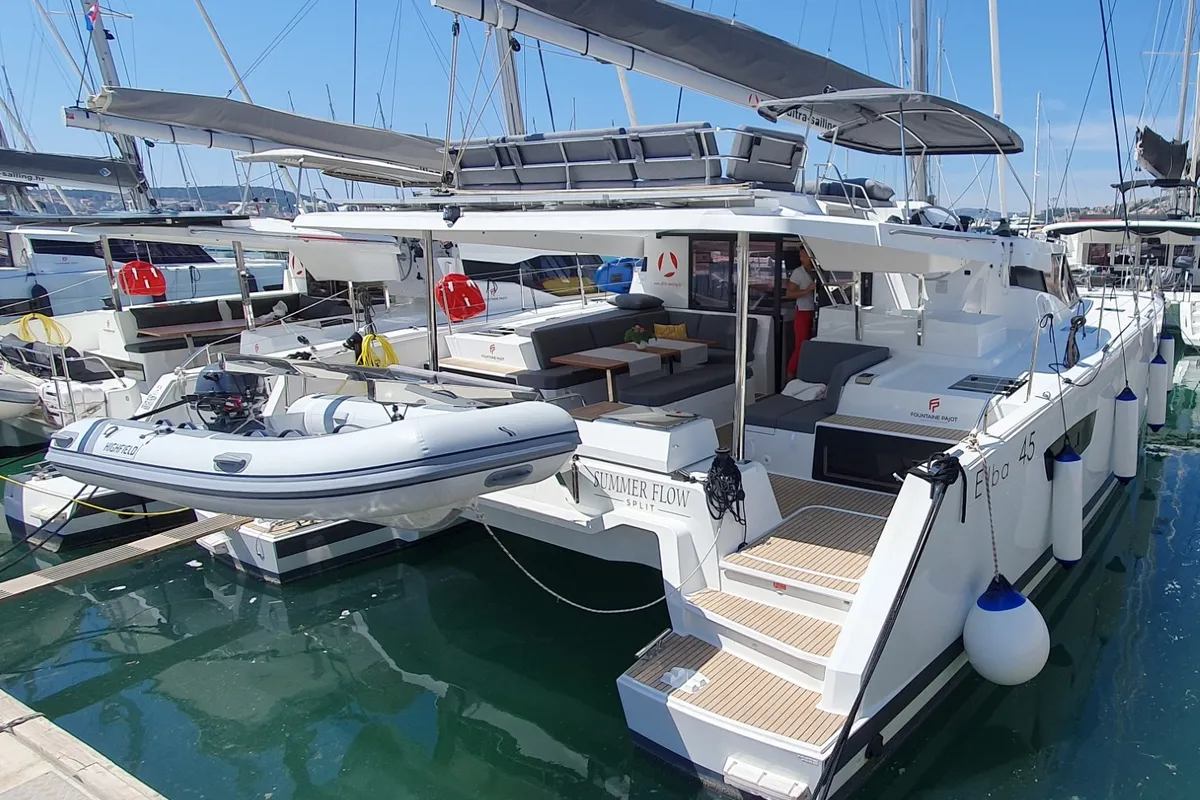 Exterior view of Summer Flow, a Fountaine Pajot Elba 45 catamaran at Seget Donji, Croatia