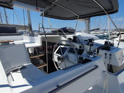 Cockpit of Summer Flow, a Fountaine Pajot Elba 45 catamaran at Seget Donji, Croatia