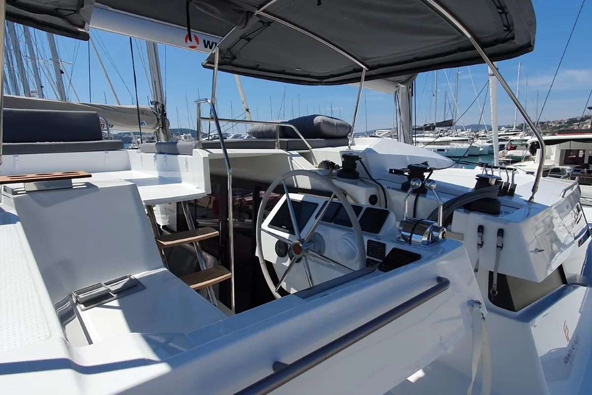 Cockpit of Summer Flow, a Fountaine Pajot Elba 45 catamaran at Seget Donji, Croatia