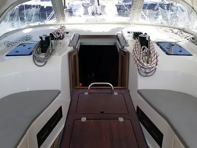 Cockpit of Silver Cloud, a Bavaria Cruiser 50 sailboat at Llucmajor, Spain