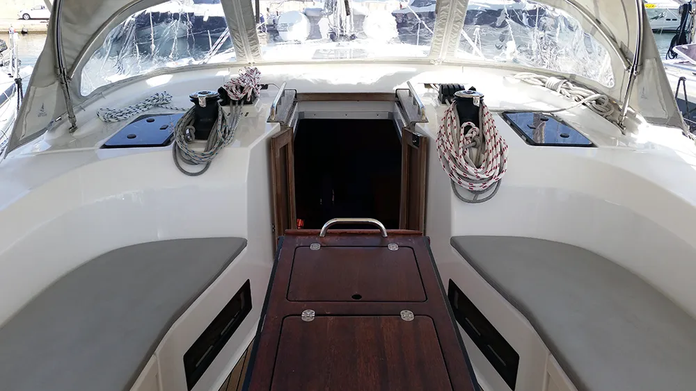 Cockpit of Silver Cloud, a Bavaria Cruiser 50 sailboat at Llucmajor, Spain