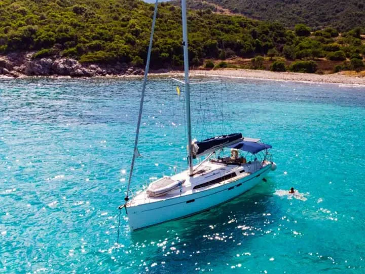 Exterior view of Captain John, a Bavaria 46 sailboat at Municipal Unit of Lefkada, Greece