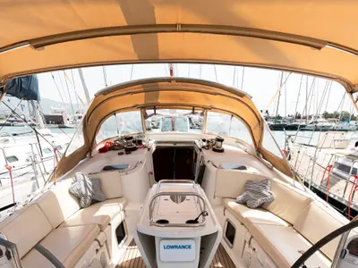 Cockpit of EVITA Boat location in LEFKAS MARINA, D-marin, a Jeanneau Sun Odyssey 49DS sailboat at Municipal Unit of Lefkada,…