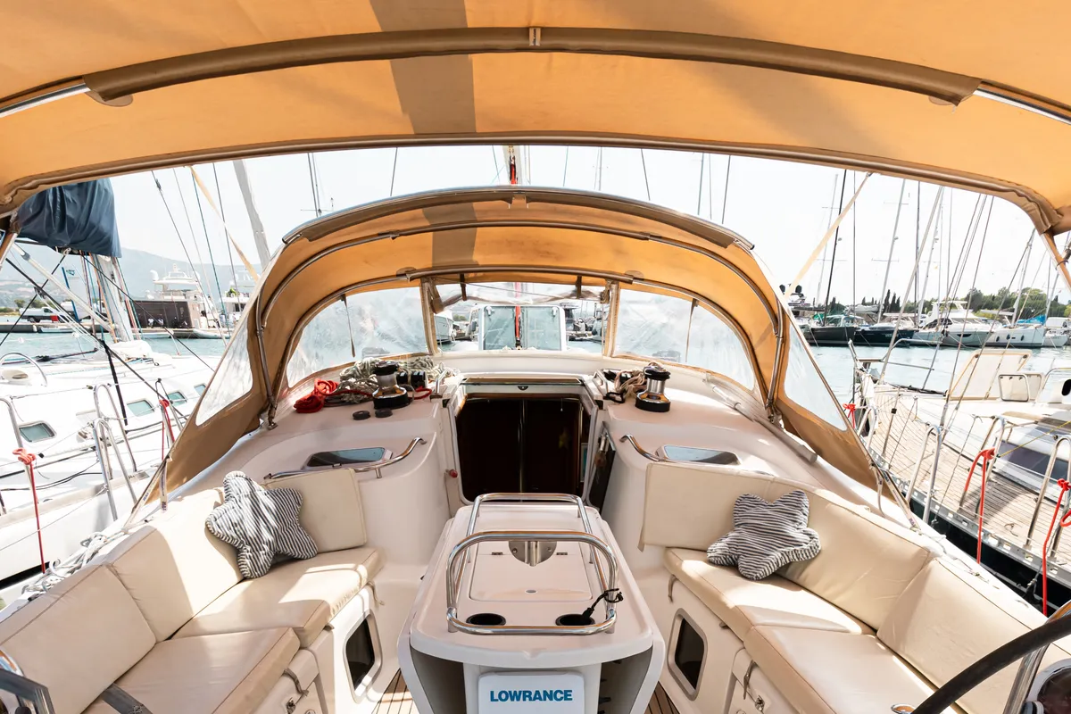 Cockpit of EVITA Boat location in LEFKAS MARINA, D-marin, a Jeanneau Sun Odyssey 49DS sailboat at Municipal Unit of Lefkada,…
