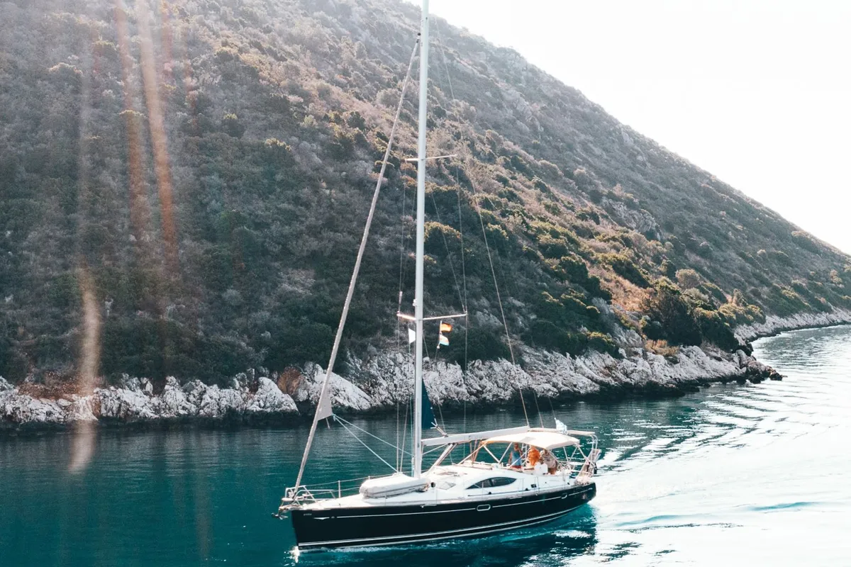 Exterior view of EVITA Boat location in LEFKAS MARINA, D-marin, a Jeanneau Sun Odyssey 49DS sailboat at Municipal Unit of Le…
