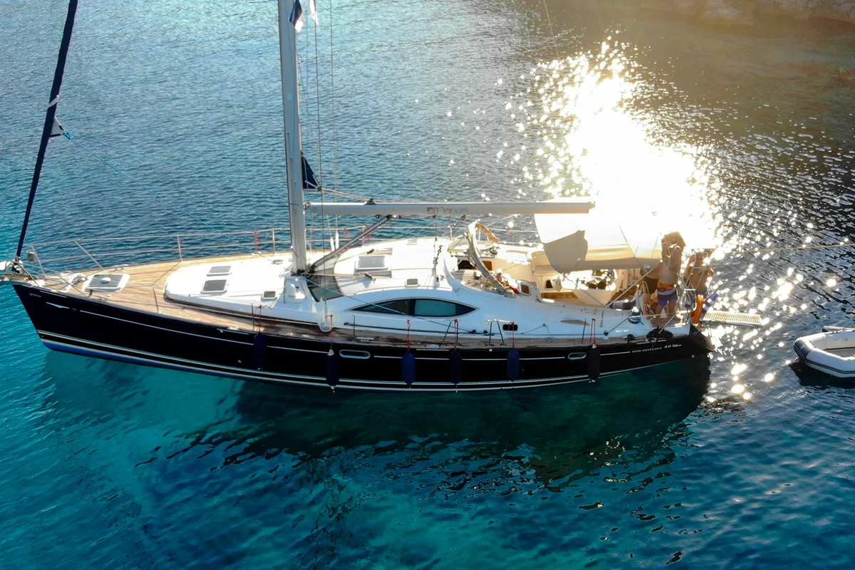 Exterior view of EVITA Boat location in LEFKAS MARINA, D-marin, a Jeanneau Sun Odyssey 49DS sailboat at Municipal Unit of Le…