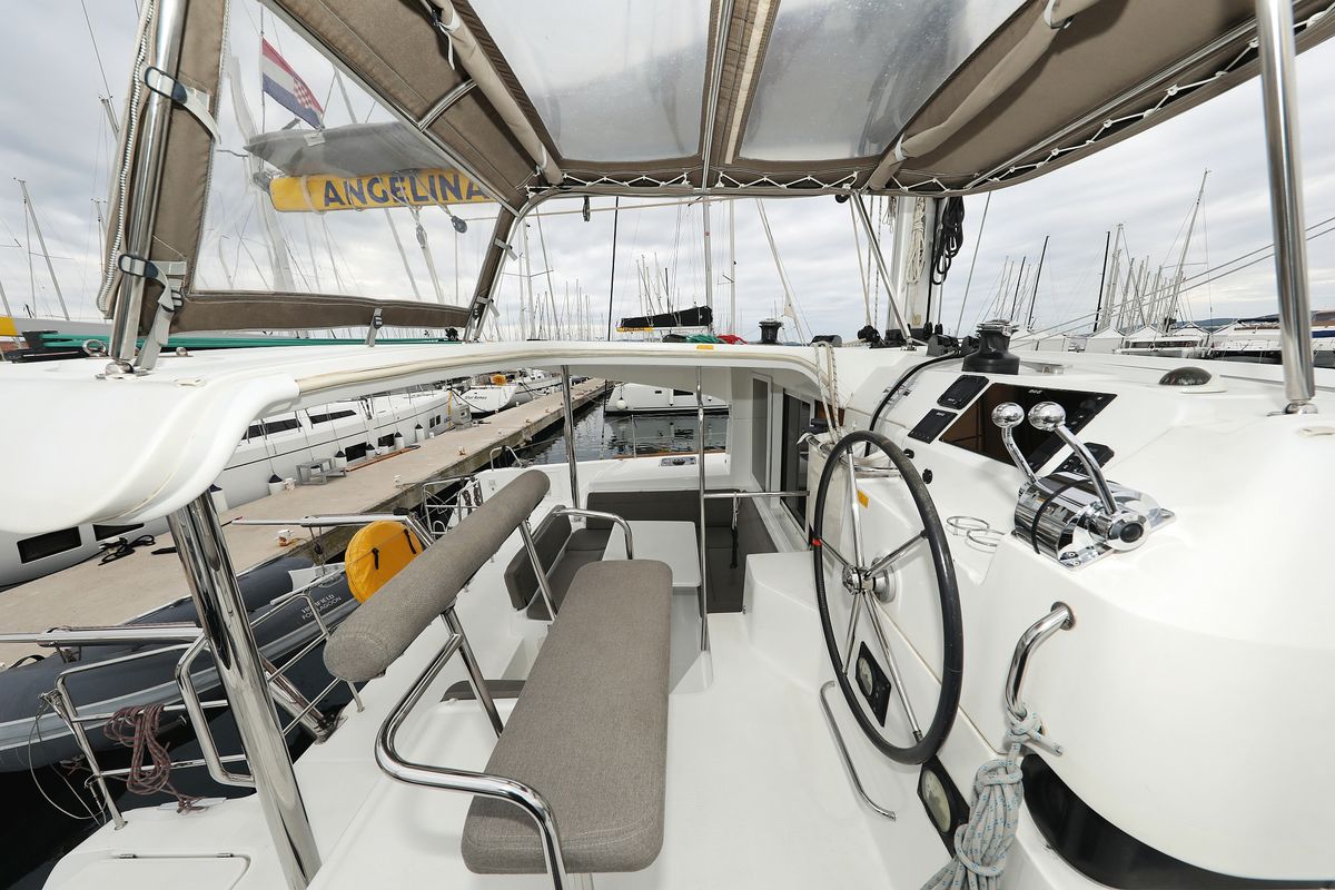 Cockpit of Lilla V, a Lagoon 39 catamaran at Grad Biograd na Moru, Croatia