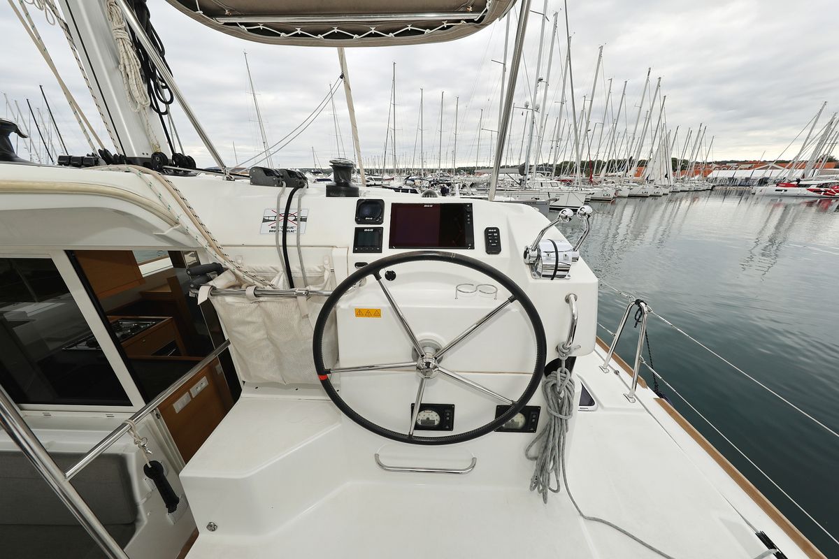 Cockpit of Lilla V, a Lagoon 39 catamaran at Grad Biograd na Moru, Croatia