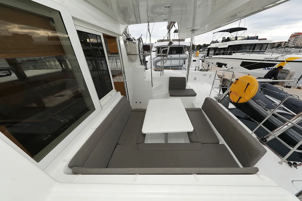 Deck of Lilla V, a Lagoon 39 catamaran at Grad Biograd na Moru, Croatia