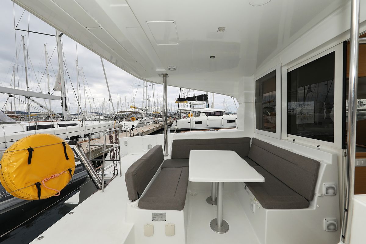 Deck of Lilla V, a Lagoon 39 catamaran at Grad Biograd na Moru, Croatia