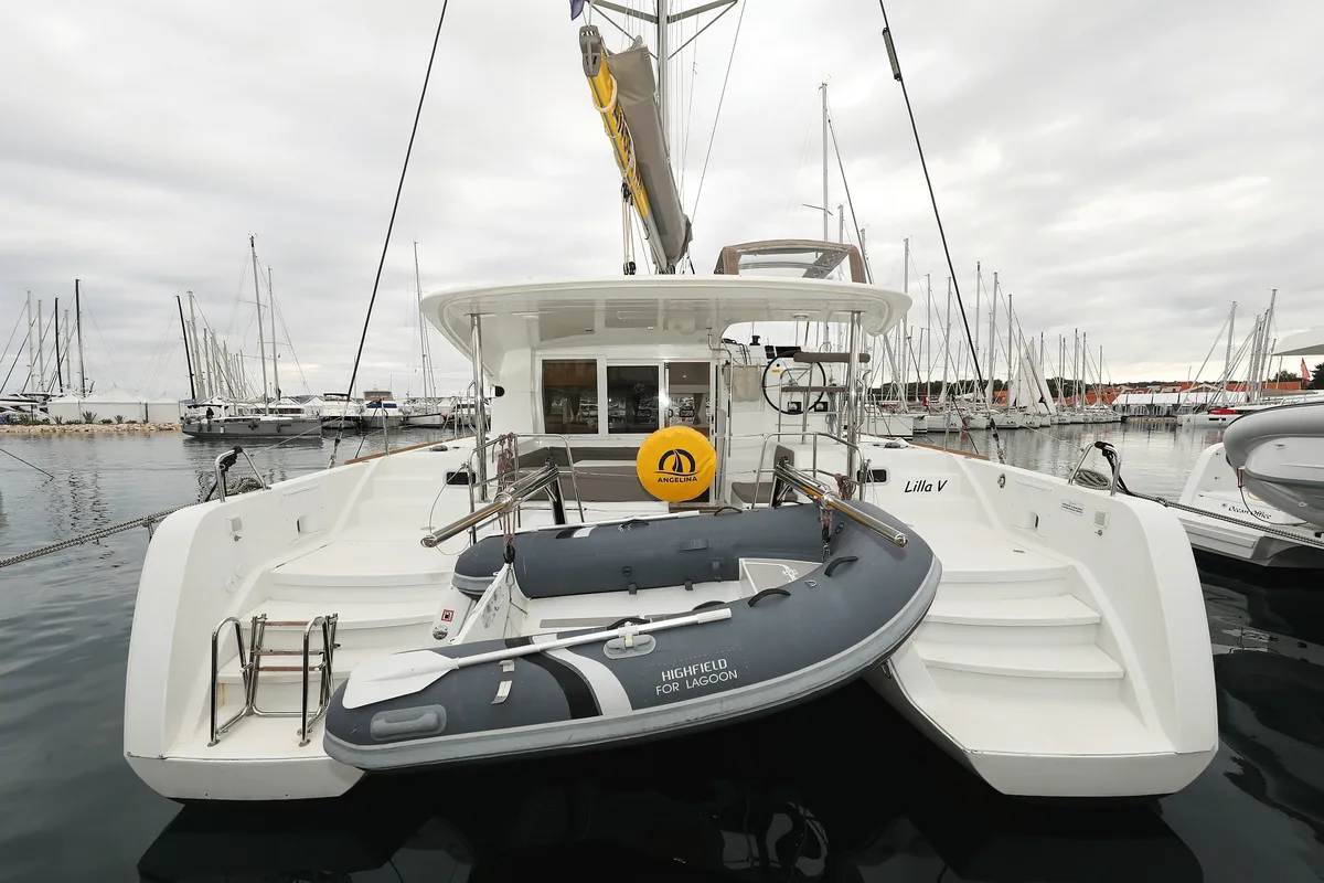 Exterior view of Lilla V, a Lagoon 39 catamaran at Grad Biograd na Moru, Croatia