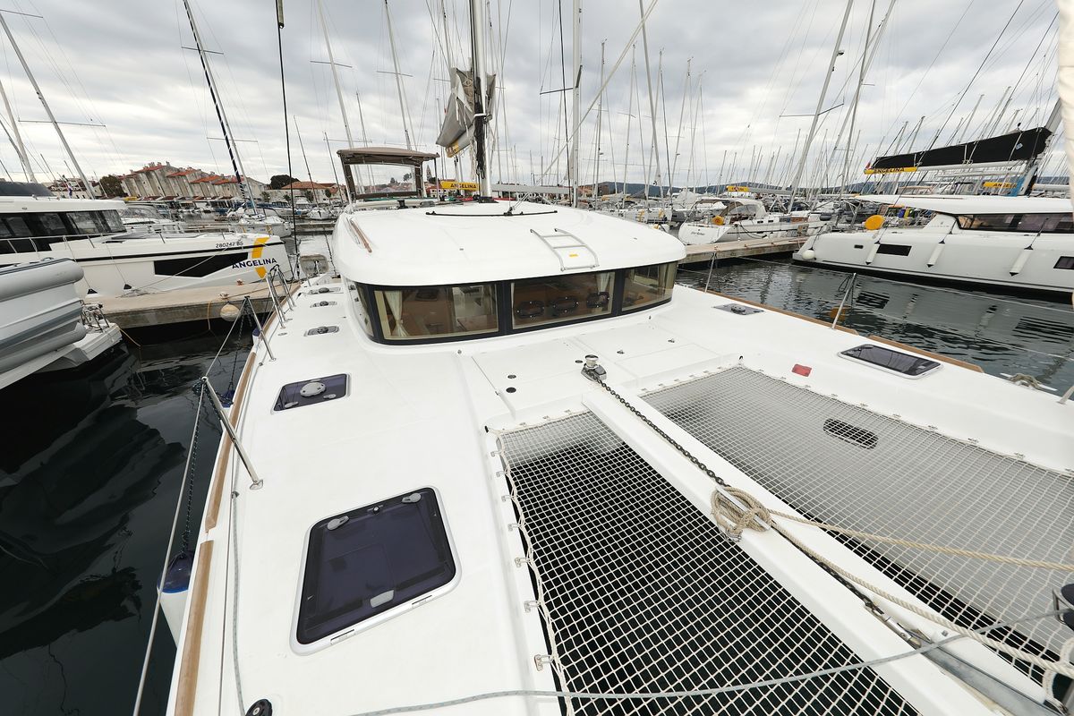 Deck of Lilla V, a Lagoon 39 catamaran at Grad Biograd na Moru, Croatia