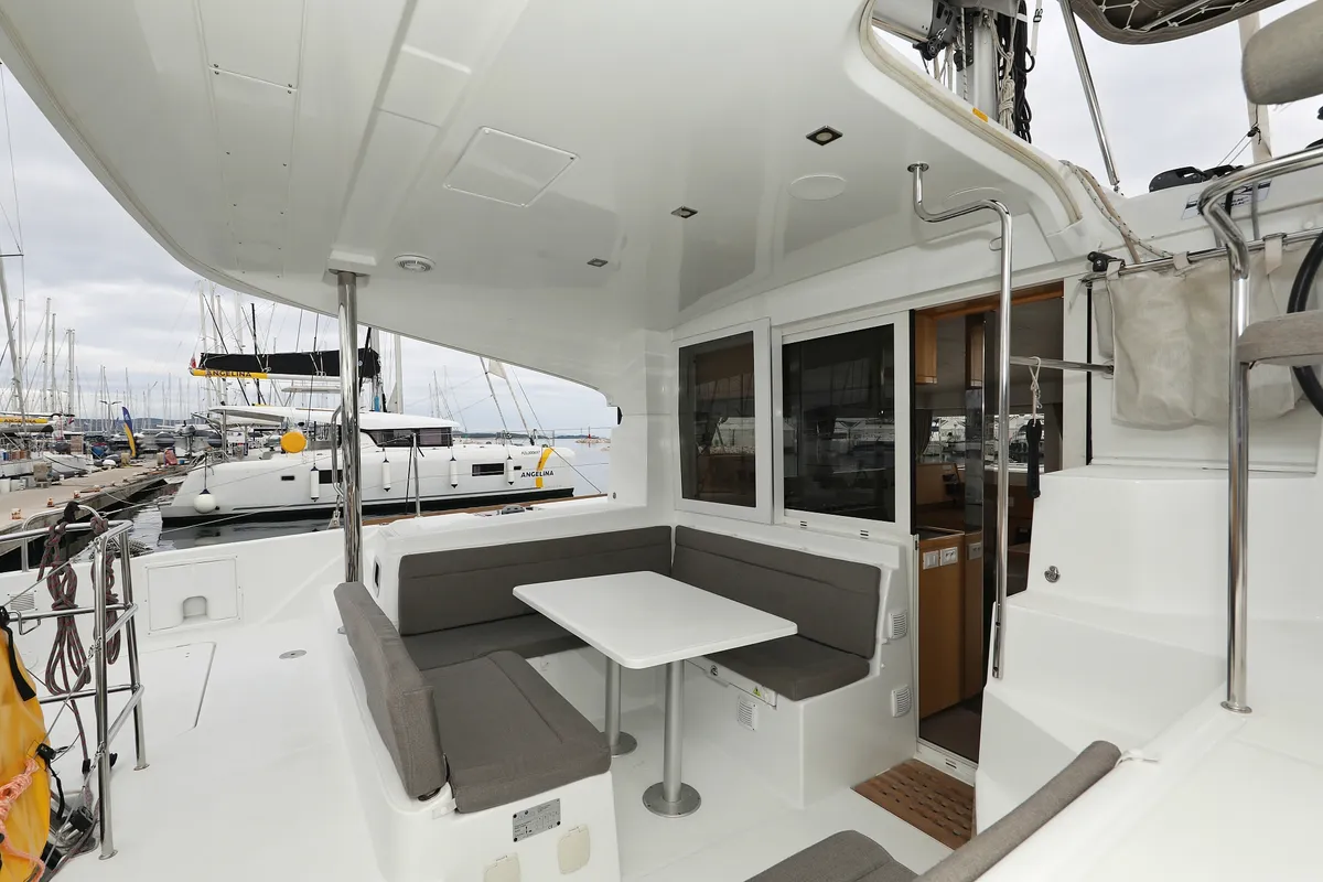 Deck of Lilla V, a Lagoon 39 catamaran at Grad Biograd na Moru, Croatia