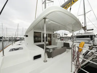 Deck of Lilla V, a Lagoon 39 catamaran at Grad Biograd na Moru, Croatia