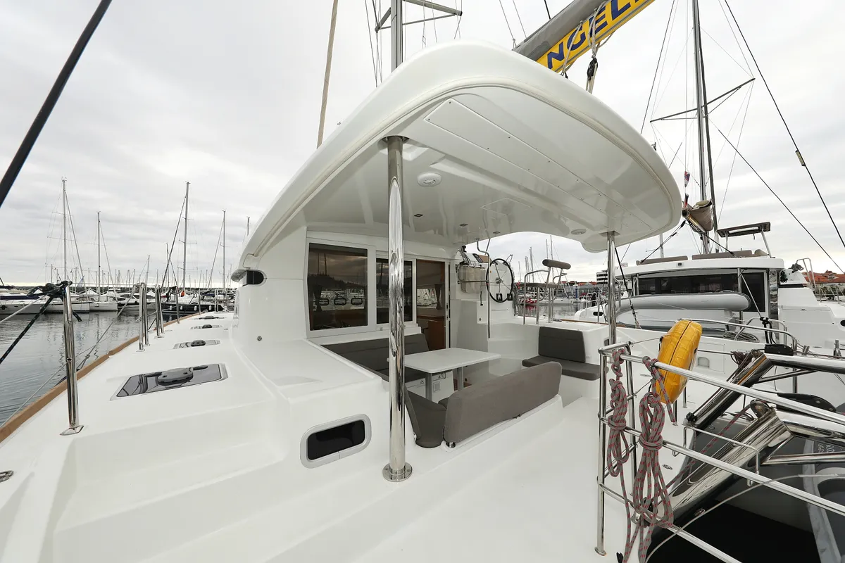 Deck of Lilla V, a Lagoon 39 catamaran at Grad Biograd na Moru, Croatia