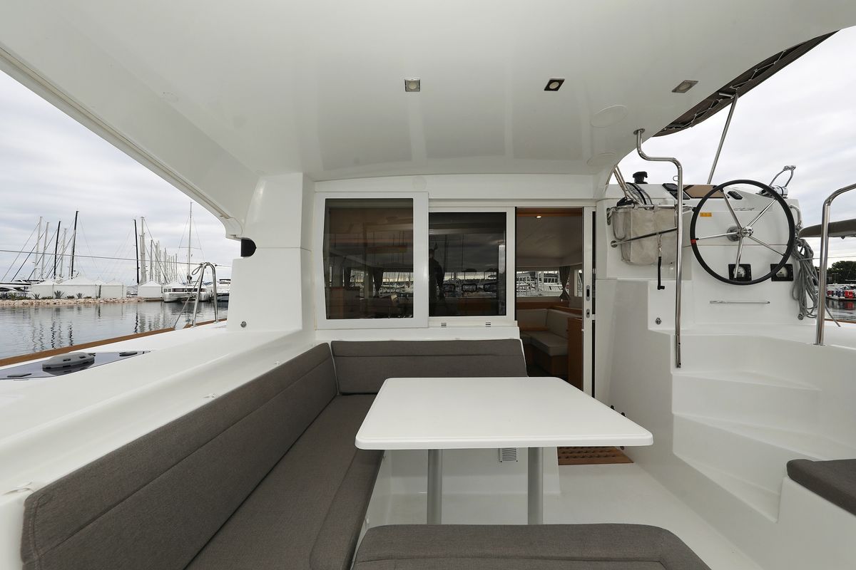 Deck of Lilla V, a Lagoon 39 catamaran at Grad Biograd na Moru, Croatia