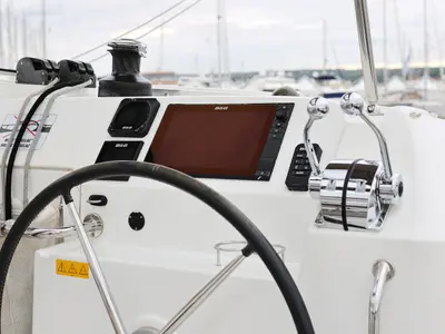 Cockpit of Lilla V, a Lagoon 39 catamaran at Biograd na Moru, Croatia