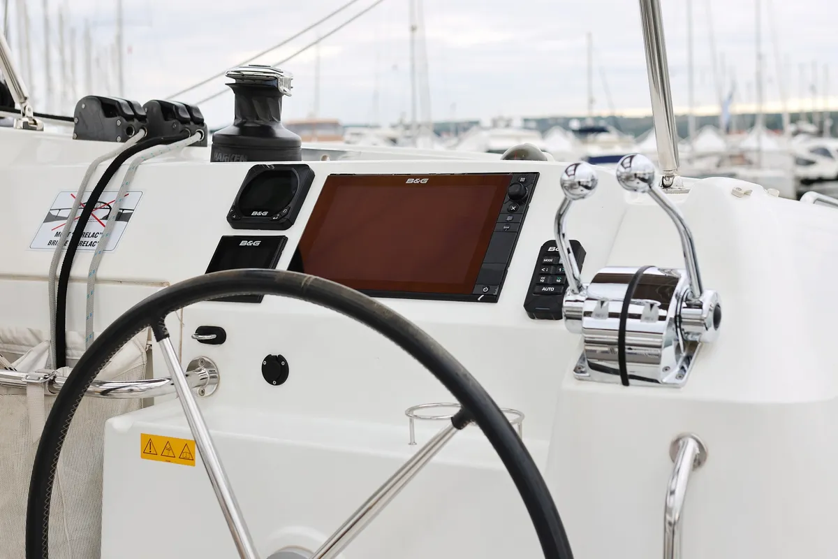 Cockpit of Lilla V, a Lagoon 39 catamaran at Grad Biograd na Moru, Croatia