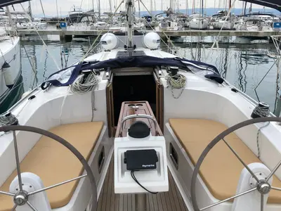 Cockpit of Pluton, a Bavaria Cruiser 46 sailboat at Split, Croatia