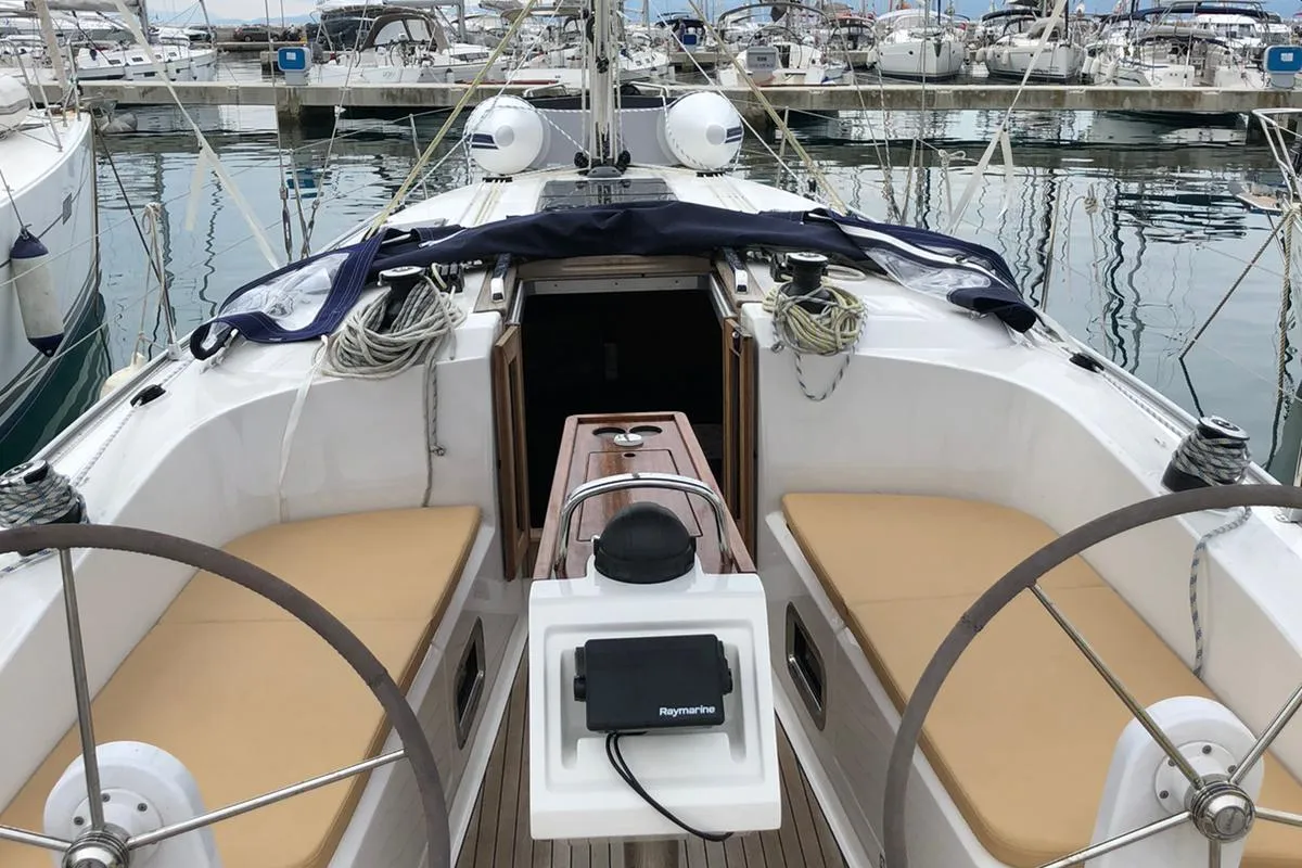 Cockpit of Pluton, a Bavaria Cruiser 46 sailboat at Split, Croatia