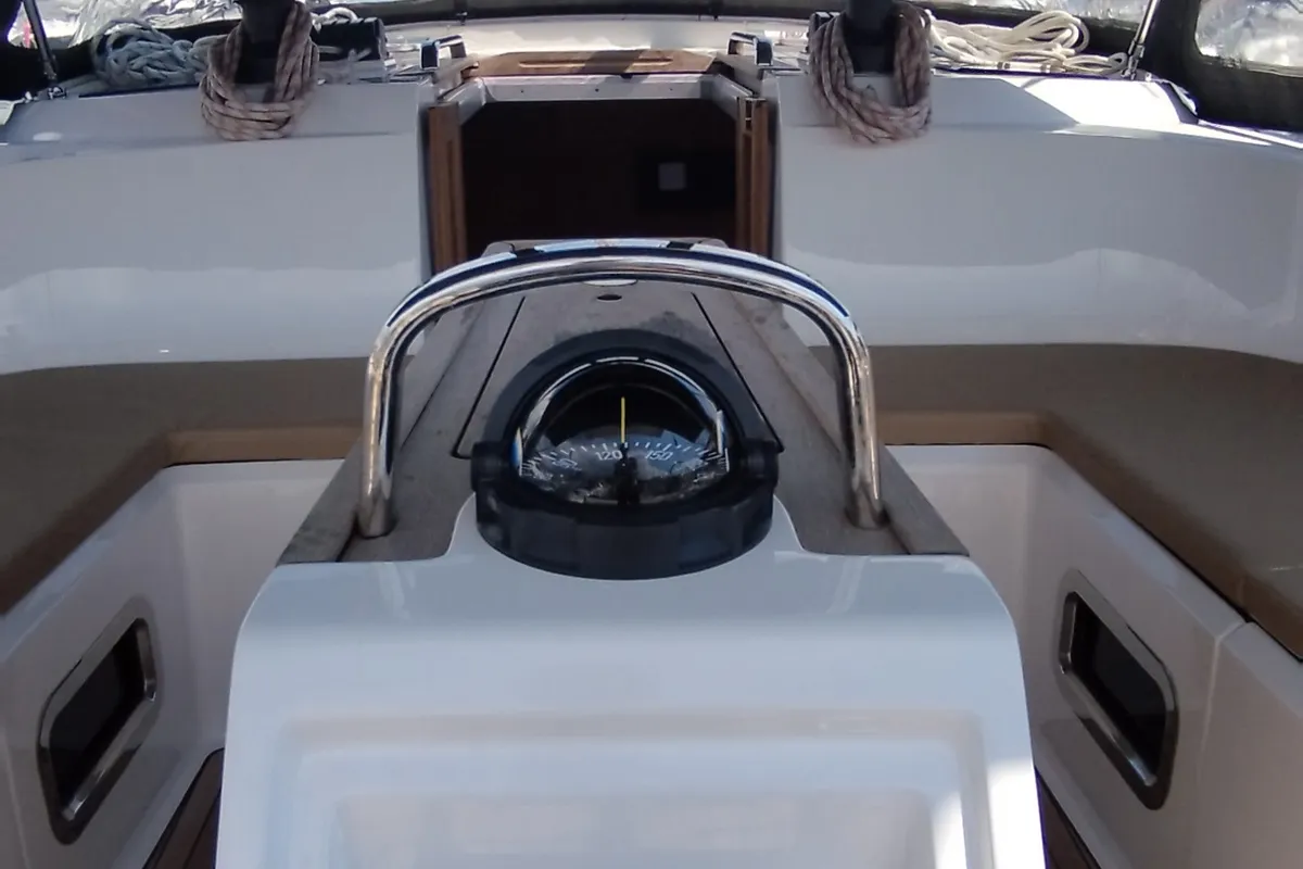 Cockpit of Pluton, a Bavaria Cruiser 46 sailboat at Split, Croatia