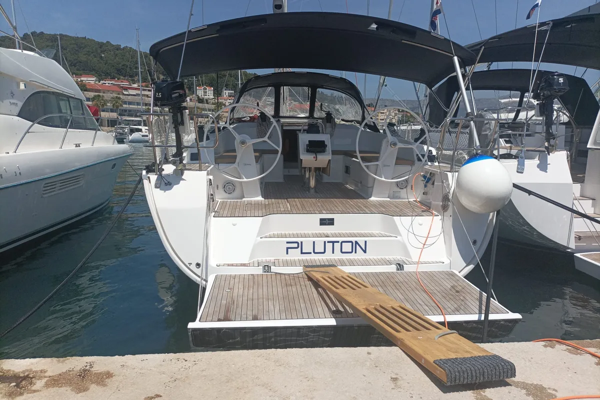 Exterior view of Pluton, a Bavaria Cruiser 46 sailboat at Split, Croatia