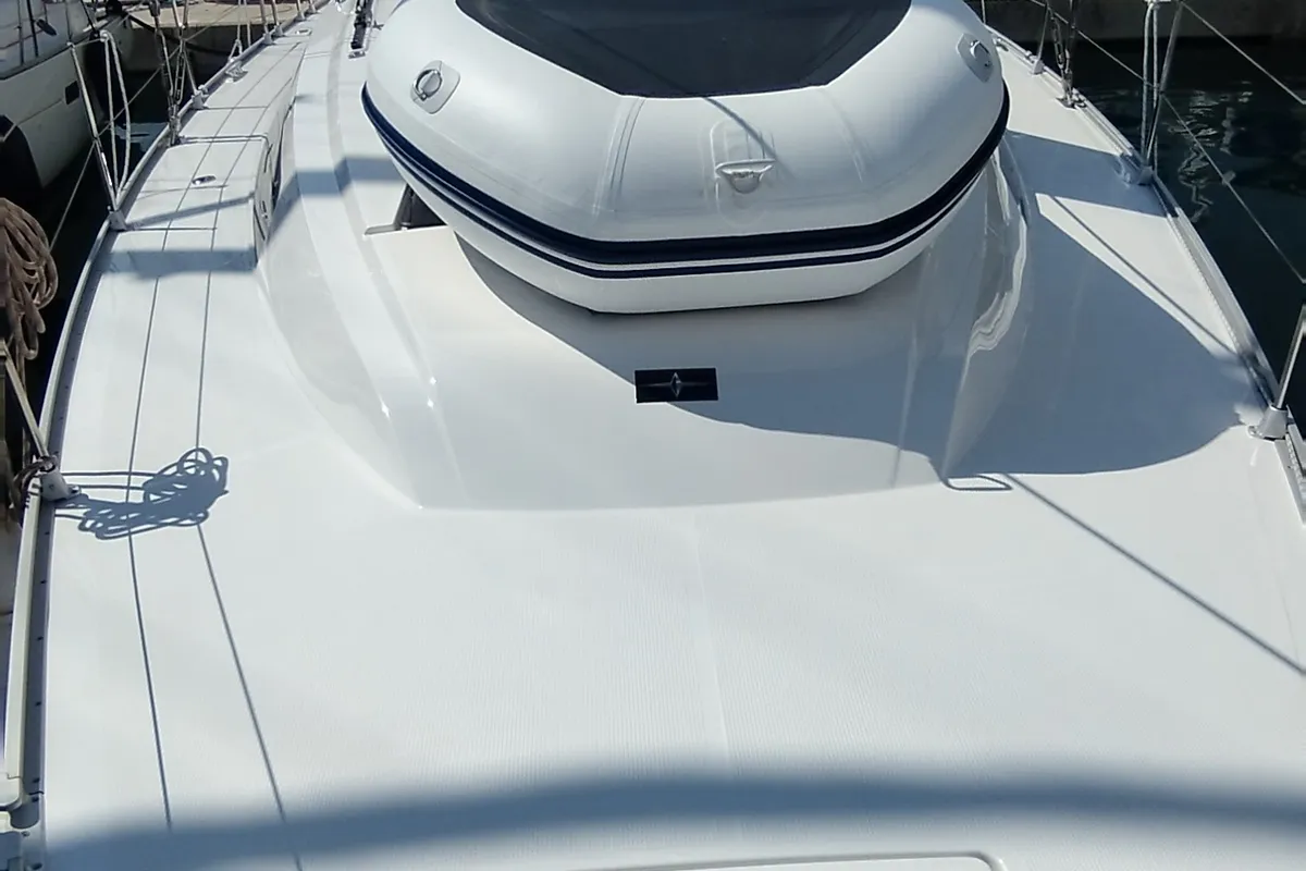 Deck of Pluton, a Bavaria Cruiser 46 sailboat at Split, Croatia