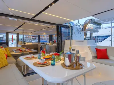 Salon of Moorings 4600 Exclusive Plus, a Leopard 46 catamaran at Tonnarella, Italy