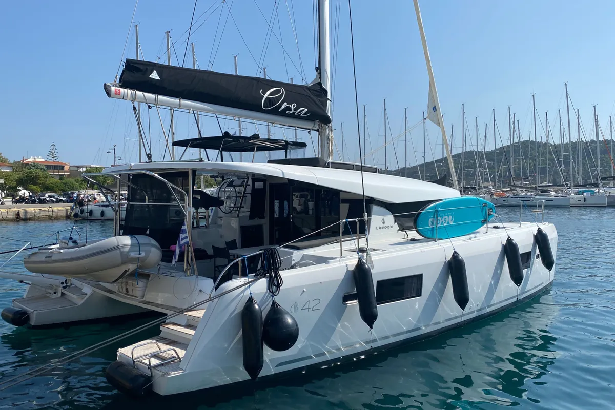 Exterior view of Lagoon 42, a catamaran at Skiathos, Greece
