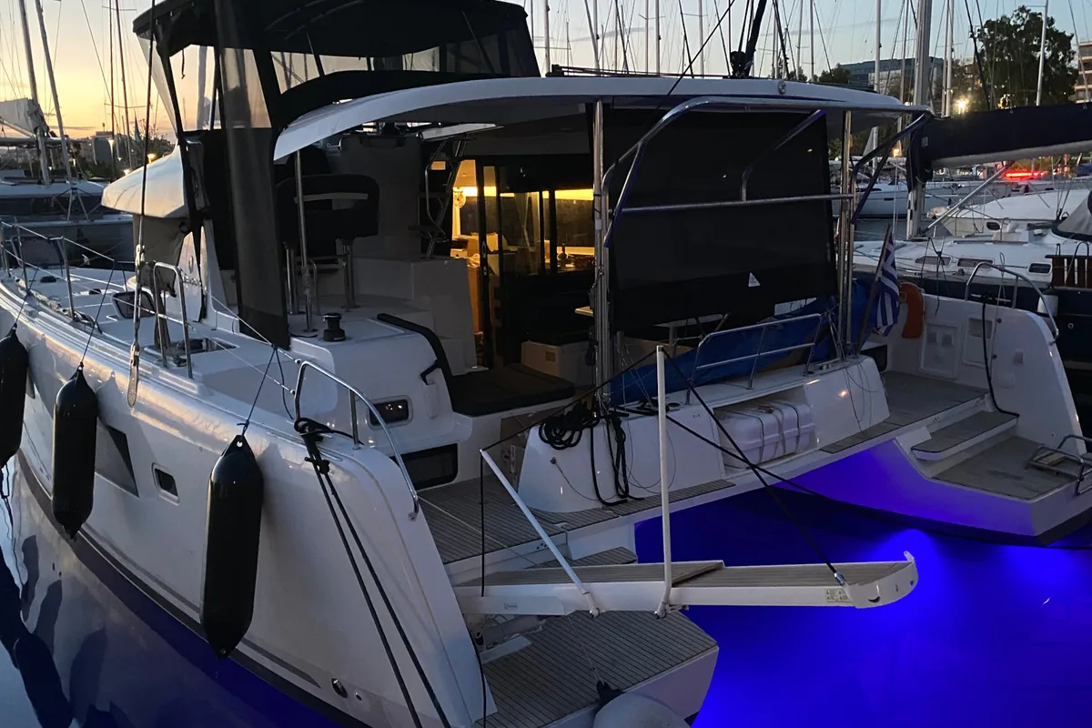Deck of Lagoon 42, a catamaran at Skiathos, Greece