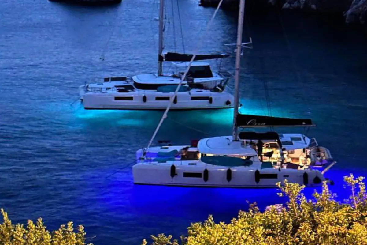 Exterior view of Lagoon 42, a catamaran at Skiathos, Greece