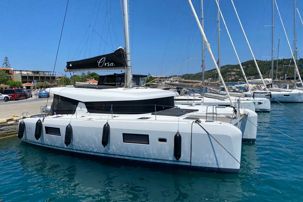 Exterior view of Lagoon 42, a catamaran at Skiathos, Greece