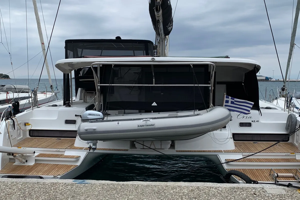 Exterior view of Lagoon 42, a catamaran at Skiathos, Greece