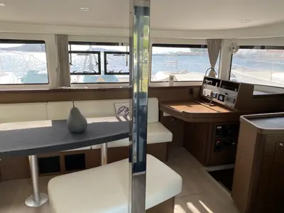 Salon of Lagoon 42, a catamaran at Skiathos, Greece