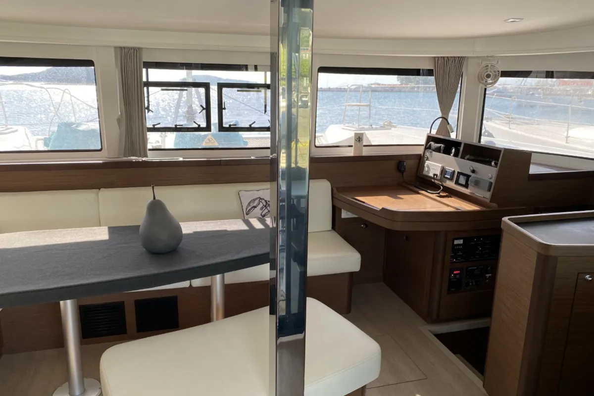 Salon of Lagoon 42, a catamaran at Skiathos, Greece
