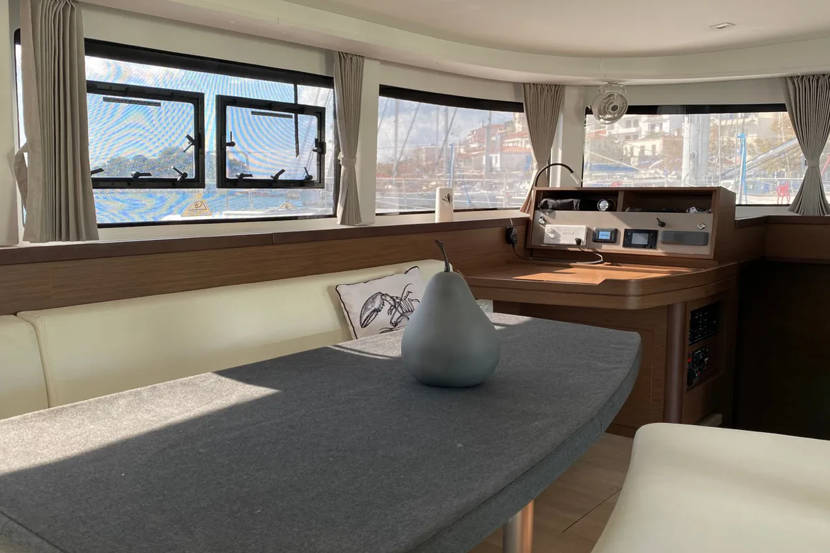 Salon of Lagoon 42, a catamaran at Skiathos, Greece