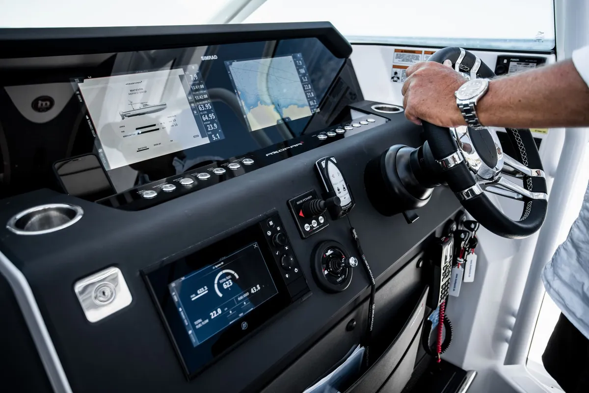 Cockpit of Opijum, a Axopar 37 Sun Top motorboat at Seget Donji, Croatia