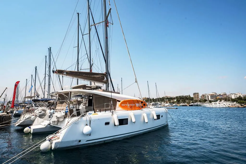 Deck of Anemi, a Lagoon 42 catamaran at Municipal Unit of Nea Peramos, Greece