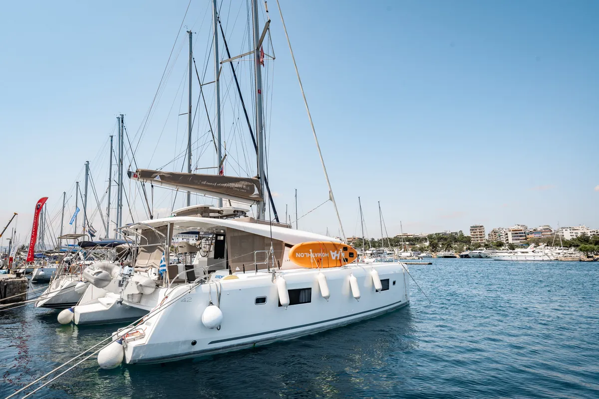 Deck of Anemi, a Lagoon 42 catamaran at Municipal Unit of Nea Peramos, Greece