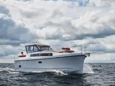 Deck of Wajda, a Northman Nexus Revo 870 Prestige motorboat at Sztynort, Poland