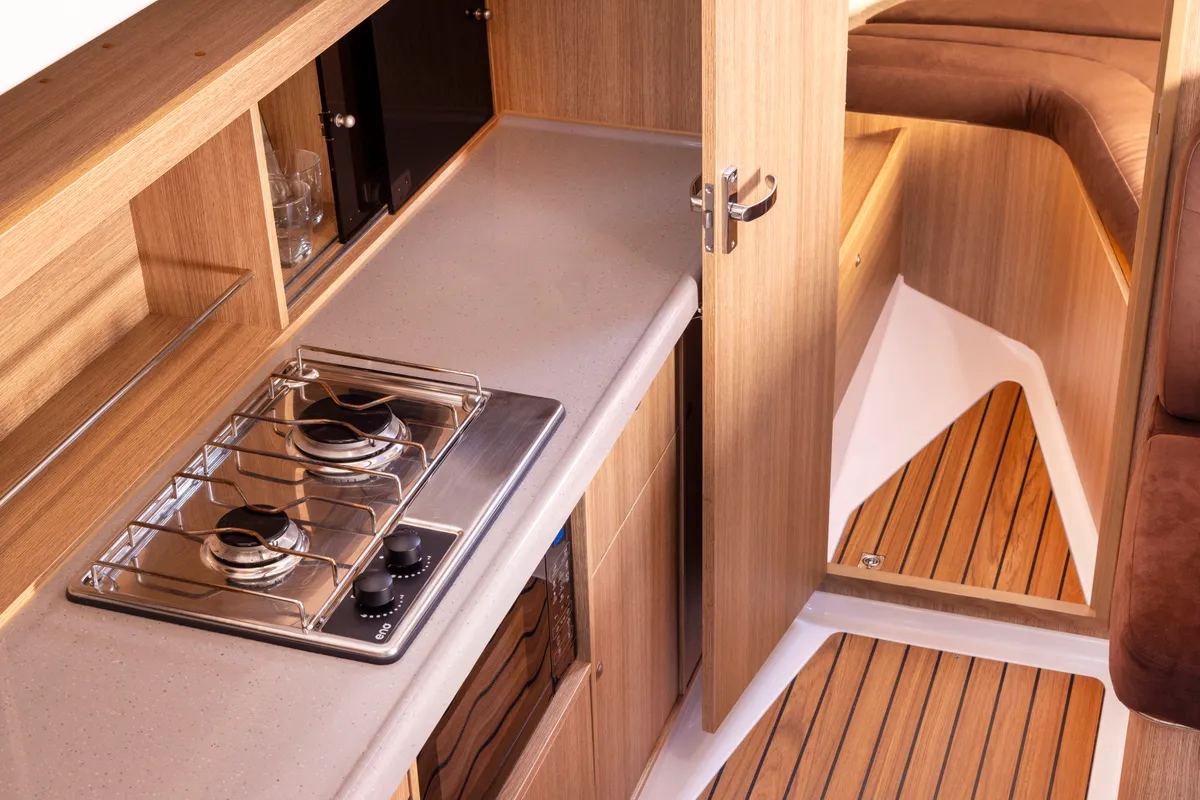 Galley of Wajda, a Northman Nexus Revo 870 Prestige motorboat at Sztynort, Poland