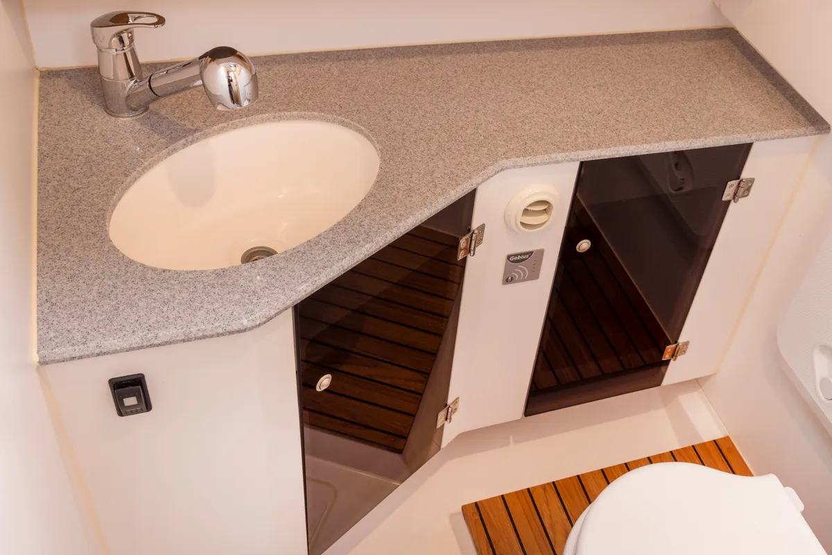 Galley of Wajda, a Northman Nexus Revo 870 Prestige motorboat at Sztynort, Poland