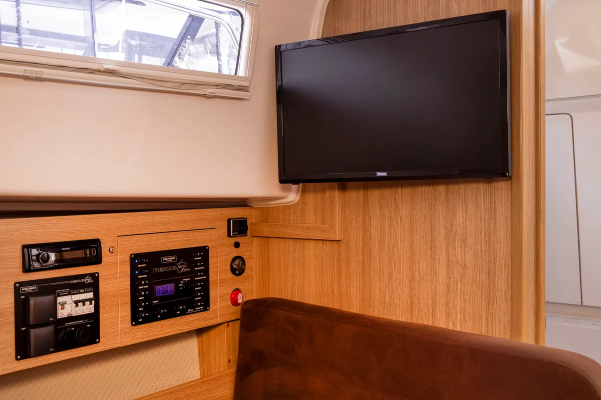 Salon of Wajda, a Northman Nexus Revo 870 Prestige motorboat at Sztynort, Poland
