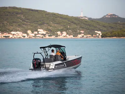 Exterior view of Delta, a Saxdor 200 motorboat at Grad Novalja, Croatia
