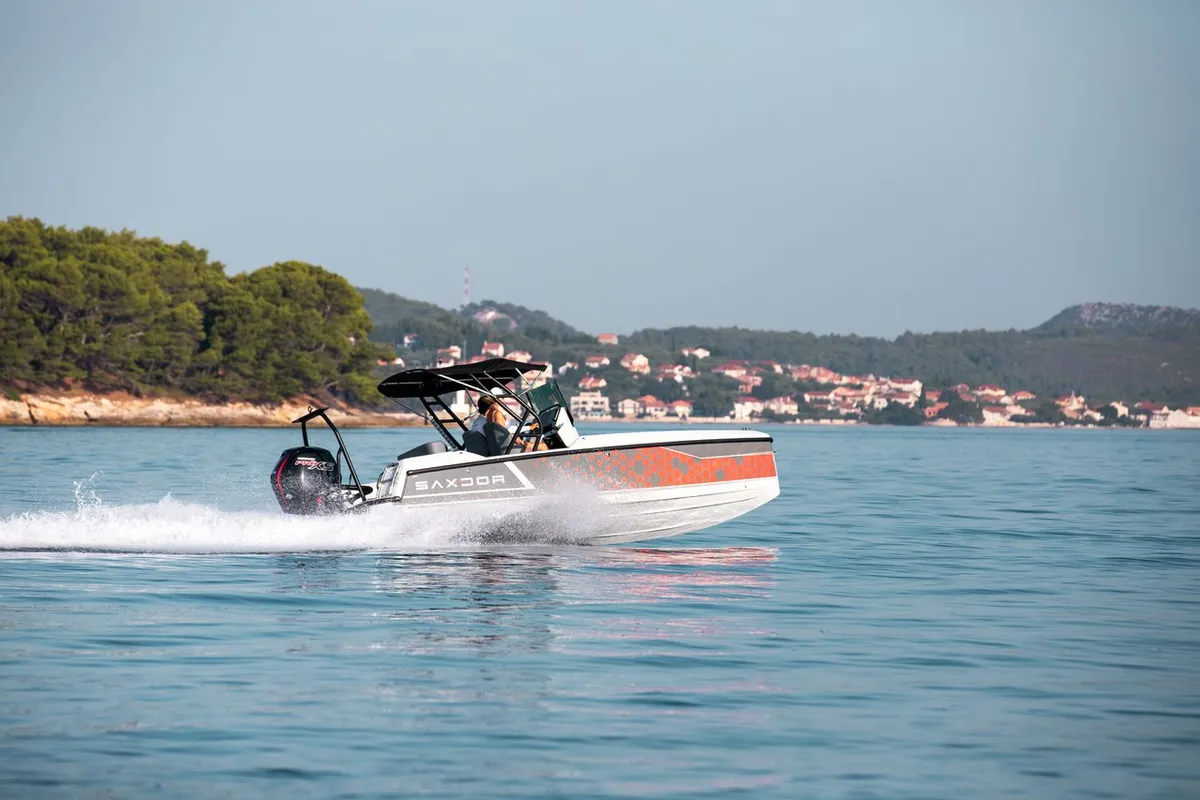 Exterior view of Delta, a Saxdor 200 motorboat at Grad Novalja, Croatia