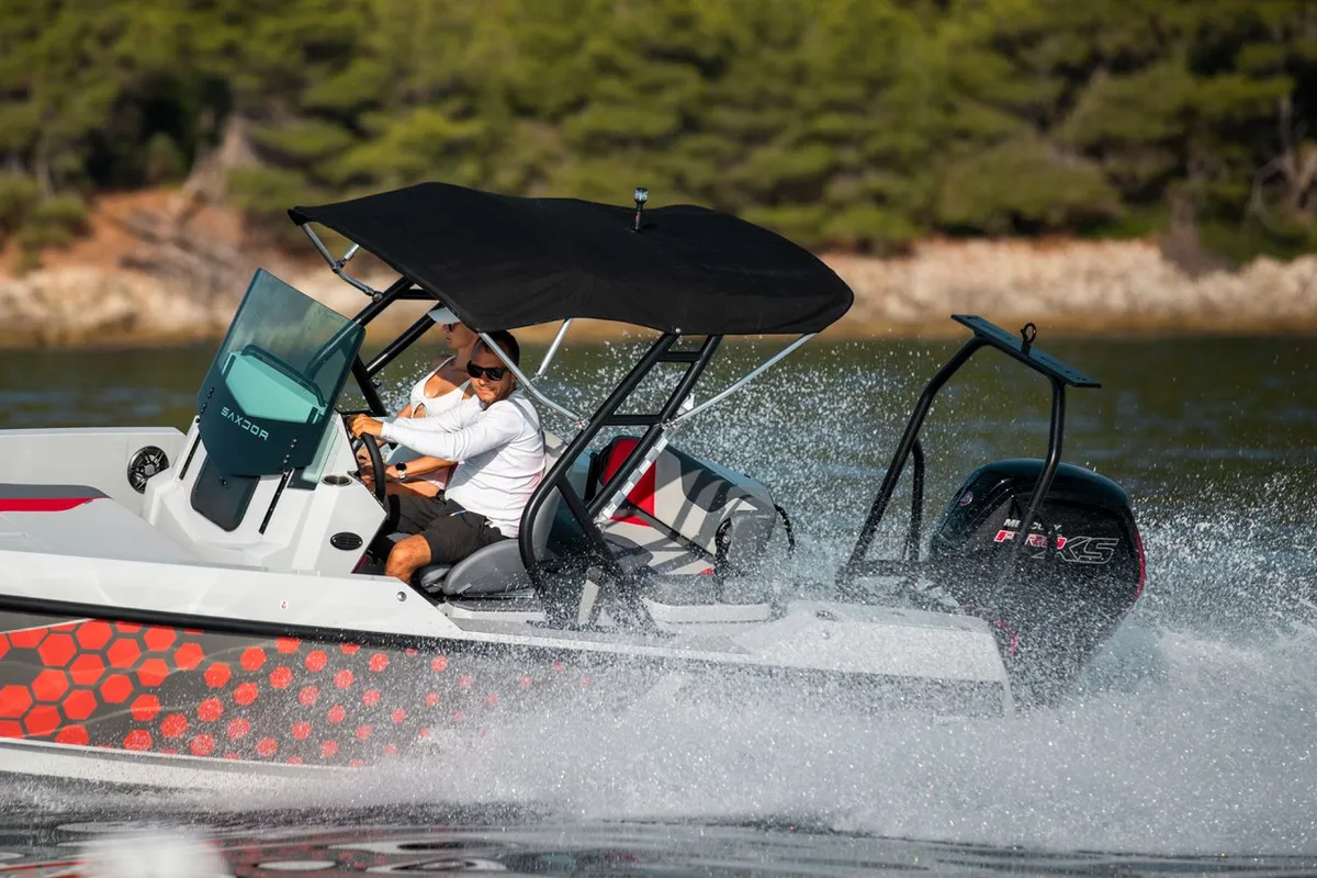 Cockpit of Delta, a Saxdor 200 motorboat at Grad Novalja, Croatia