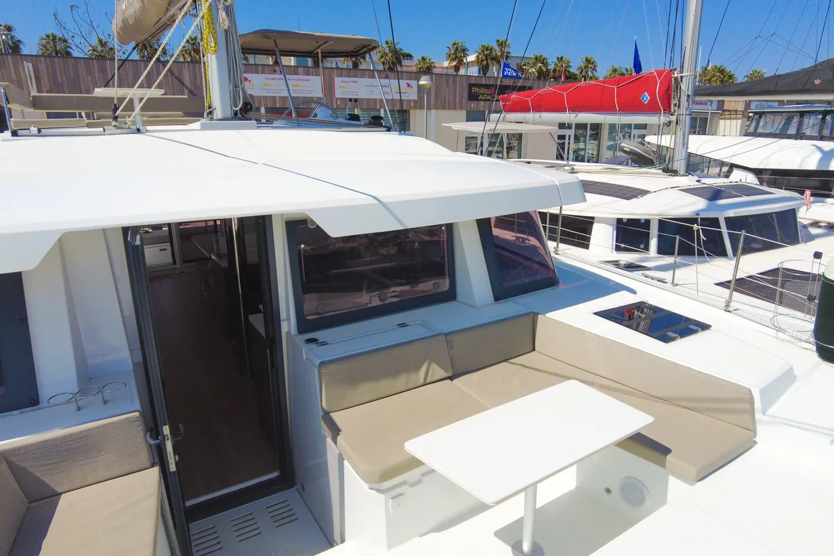 Deck of Seasight, a Bali 4.4 catamaran at Ajaccio, France