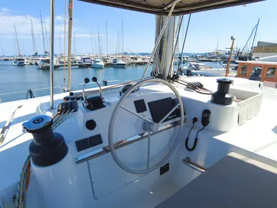 Cockpit of Seasight, a Bali 4.4 catamaran at Ajaccio, France
